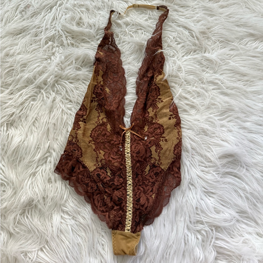 Plunging Lace-Trim Bodysuit in Brown and Tan